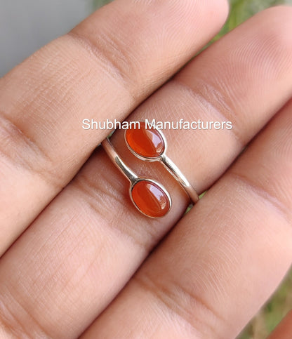 Natural Carnelian Ring, 925 Sterling Silver Ring, Orange Gemstone, Dual Stone Ring, Handmade, Minimalist, Bypass Adjustable Ring for Her