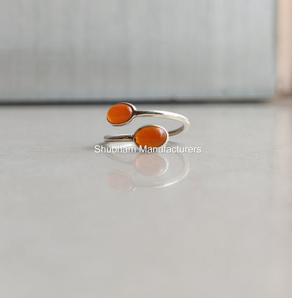 Natural Carnelian Ring, 925 Sterling Silver Ring, Orange Gemstone, Dual Stone Ring, Handmade, Minimalist, Bypass Adjustable Ring for Her