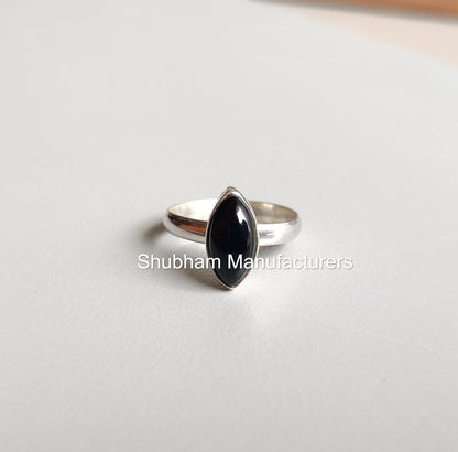 Natural Black Onyx Ring, 925 Sterling Silver Ring, Marquise Shaped Stone Ring, Promise Ring for Her, December Birthstone Jewelry for Women