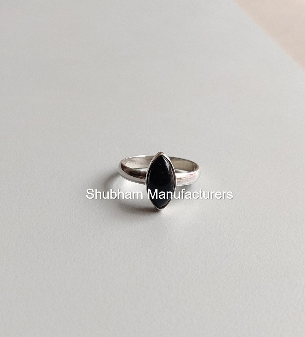 Natural Black Onyx Ring, 925 Sterling Silver Ring, Marquise Shaped Stone Ring, Promise Ring for Her, December Birthstone Jewelry for Women