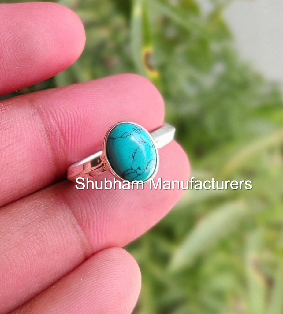 Genuine Turquoise Ring, 925 Sterling Silver Ring, Blue Turquoise Jewelry, Stacking Ring for Women, Natural Gemstone Ring,December Birthstone