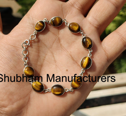 Natural Tiger Eye Bracelet, 925 Sterling Silver Bracelet, Tiger Eye Silver Jewelry, Brown Gemstone Adjustable Bracelet, Birthstone Gems Gift