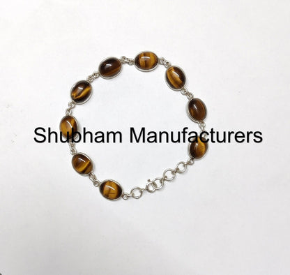 Natural Tiger Eye Bracelet, 925 Sterling Silver Bracelet, Tiger Eye Silver Jewelry, Brown Gemstone Adjustable Bracelet, Birthstone Gems Gift