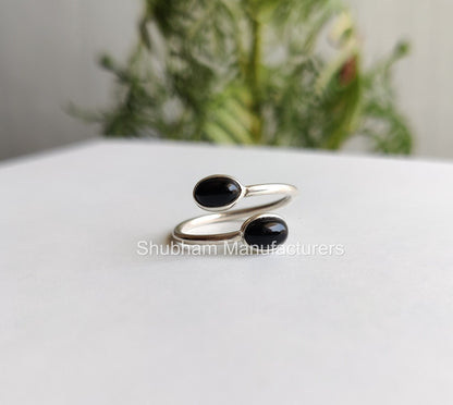 Natural Black Onyx Ring, 925 Sterling Silver Ring, Black Onyx Dual Stone Ring, Bypass Adjustable Ring, Tiny Birthstone, Black Stone Jewelry