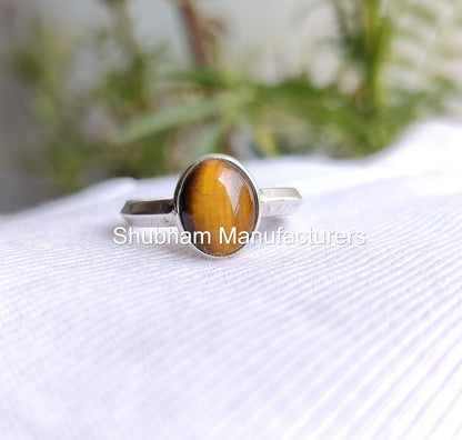 Tiger Eye Ring, 925 Sterling Silver, Tiger's Eye Silver Jewelry, Oval Gemstone, Unisex Ring, Birthstone Ring for Men and Women, Bezel Ring