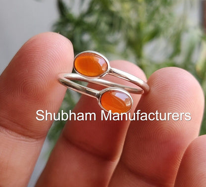 Natural Carnelian Ring, 925 Sterling Silver Ring, Orange Gemstone, Dual Stone Ring, Handmade, Minimalist, Bypass Adjustable Ring for Her