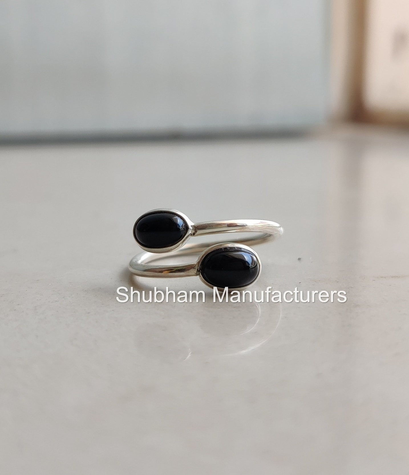 Natural Black Onyx Ring, 925 Sterling Silver Ring, Black Onyx Dual Stone Ring, Bypass Adjustable Ring, Tiny Birthstone, Black Stone Jewelry