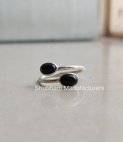 Natural Black Onyx Ring, 925 Sterling Silver Ring, Black Onyx Dual Stone Ring, Bypass Adjustable Ring, Tiny Birthstone, Black Stone Jewelry