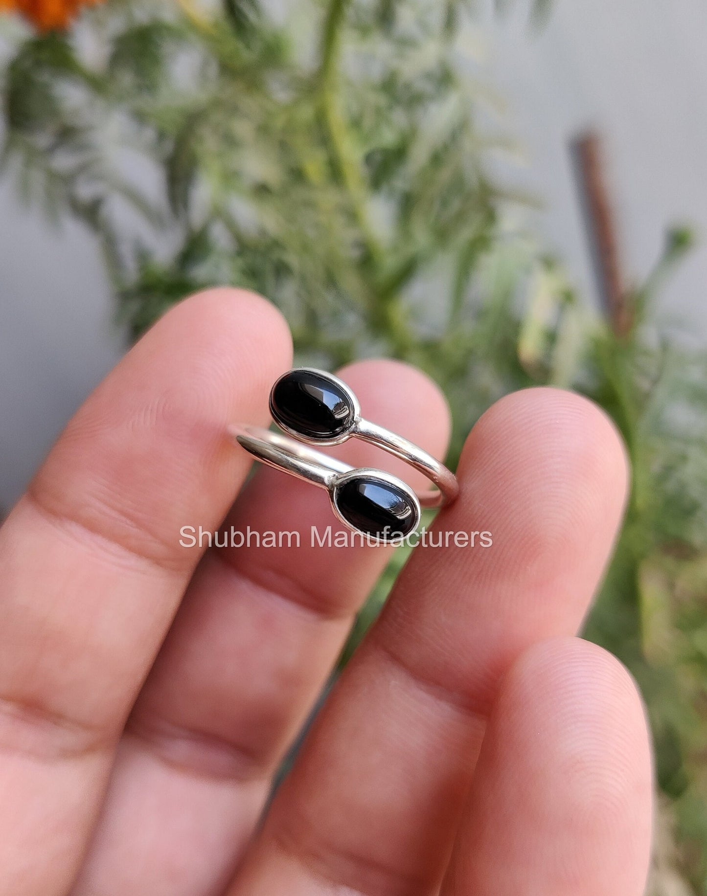 Natural Black Onyx Ring, 925 Sterling Silver Ring, Black Onyx Dual Stone Ring, Bypass Adjustable Ring, Tiny Birthstone, Black Stone Jewelry