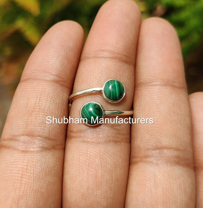 Malachite Ring, 925 Sterling Silver Ring, Dual Stone Ring, Bypass Adjustable Ring, Taurus Birthstone, Dainty Ring for Her, Handmade Gift