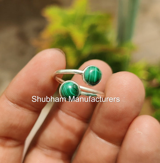 Malachite Ring, 925 Sterling Silver Ring, Dual Stone Ring, Bypass Adjustable Ring, Taurus Birthstone, Dainty Ring for Her, Handmade Gift