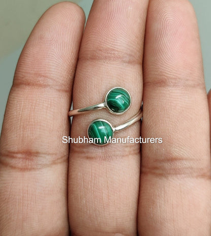 Malachite Ring, 925 Sterling Silver Ring, Dual Stone Ring, Bypass Adjustable Ring, Taurus Birthstone, Dainty Ring for Her, Handmade Gift