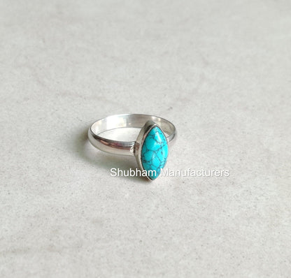 Genuine Turquoise Ring, 925 Sterling Silver Ring, Boho Gemstone Ring, Marquise Shape Ring, Handmade Turquoise Jewelry, December Birthstone