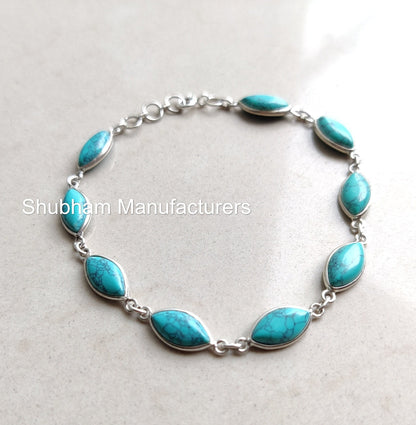 Genuine Turquoise Silver Bracelet, 925 Sterling Silver Bracelet, Gemstone Bracelet, Marquise Shape, Handmade Adjustable, For Girls & Women