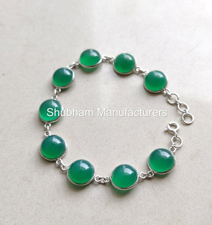 Green Onyx Bracelet, 925 Sterling Silver Bracelet, Green Gemstone Bracelet, Cabochon Stone, Round Shape, Adjustable Bracelet for Women & Men