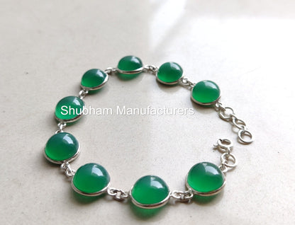 Green Onyx Bracelet, 925 Sterling Silver Bracelet, Green Gemstone Bracelet, Cabochon Stone, Round Shape, Adjustable Bracelet for Women & Men