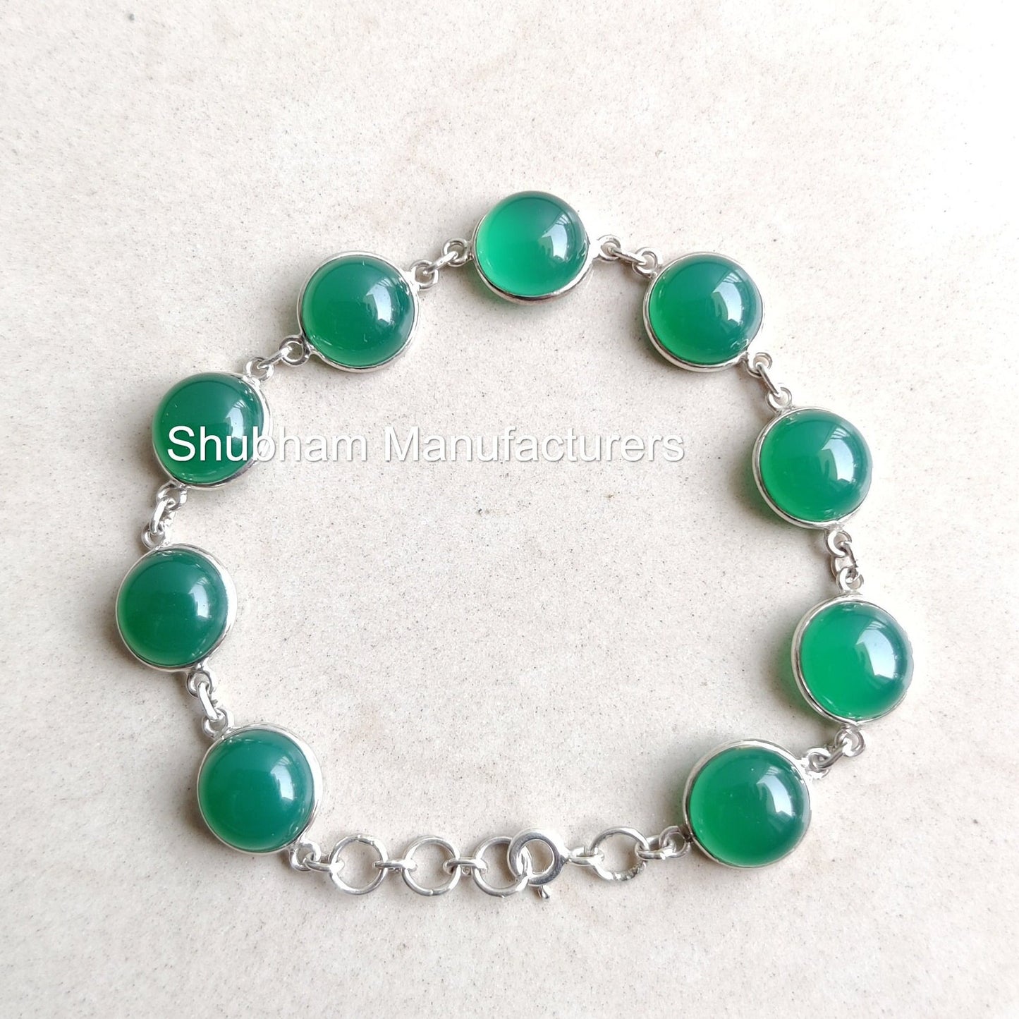 Green Onyx Bracelet, 925 Sterling Silver Bracelet, Green Gemstone Bracelet, Cabochon Stone, Round Shape, Adjustable Bracelet for Women & Men