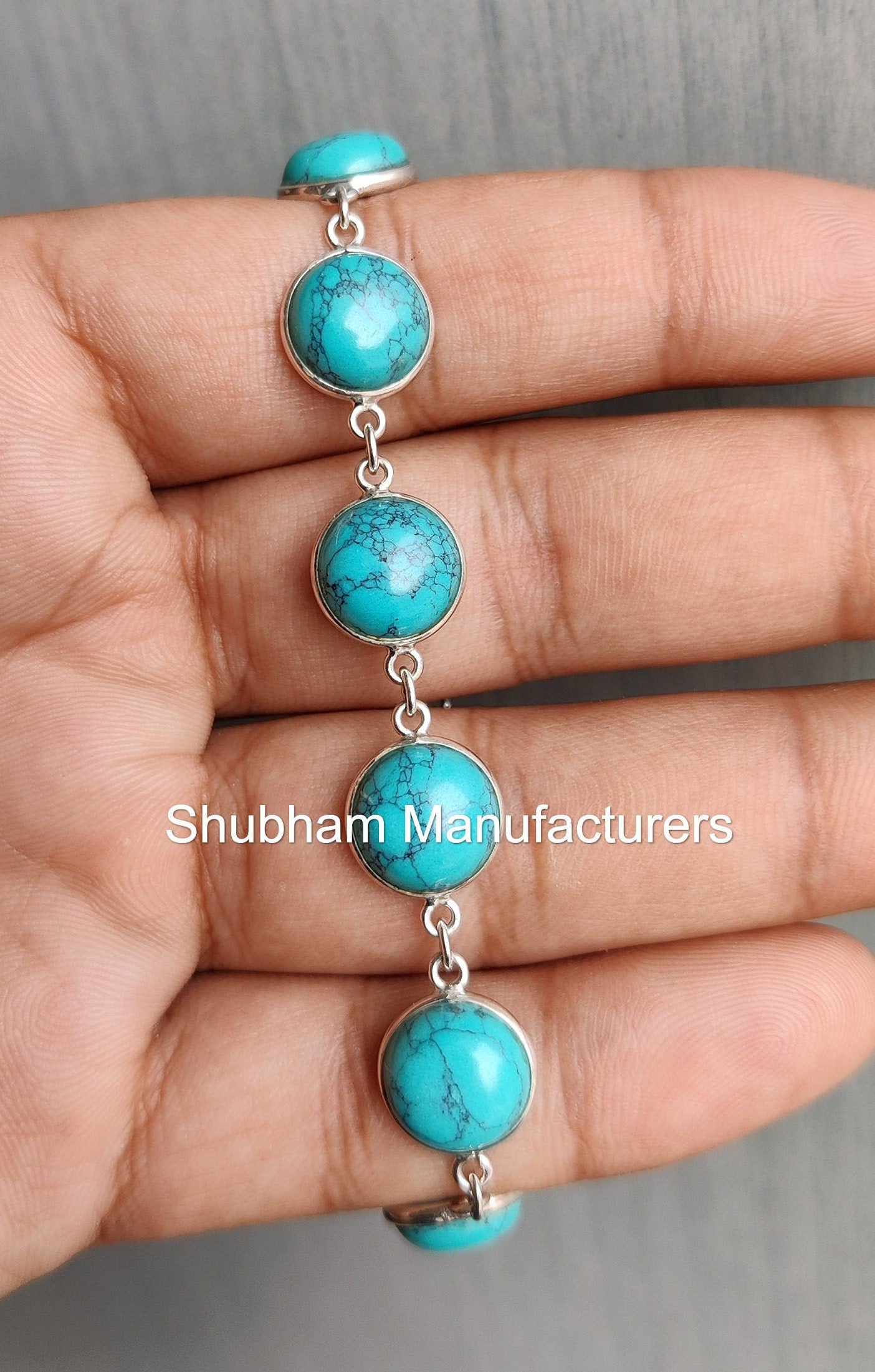 Natural Turquoise Bracelet, 925 Sterling Silver Bracelet, Round Shape, Handmade Adjustable Bracelet, Blue Gemstone Jewelry, Gift for Her