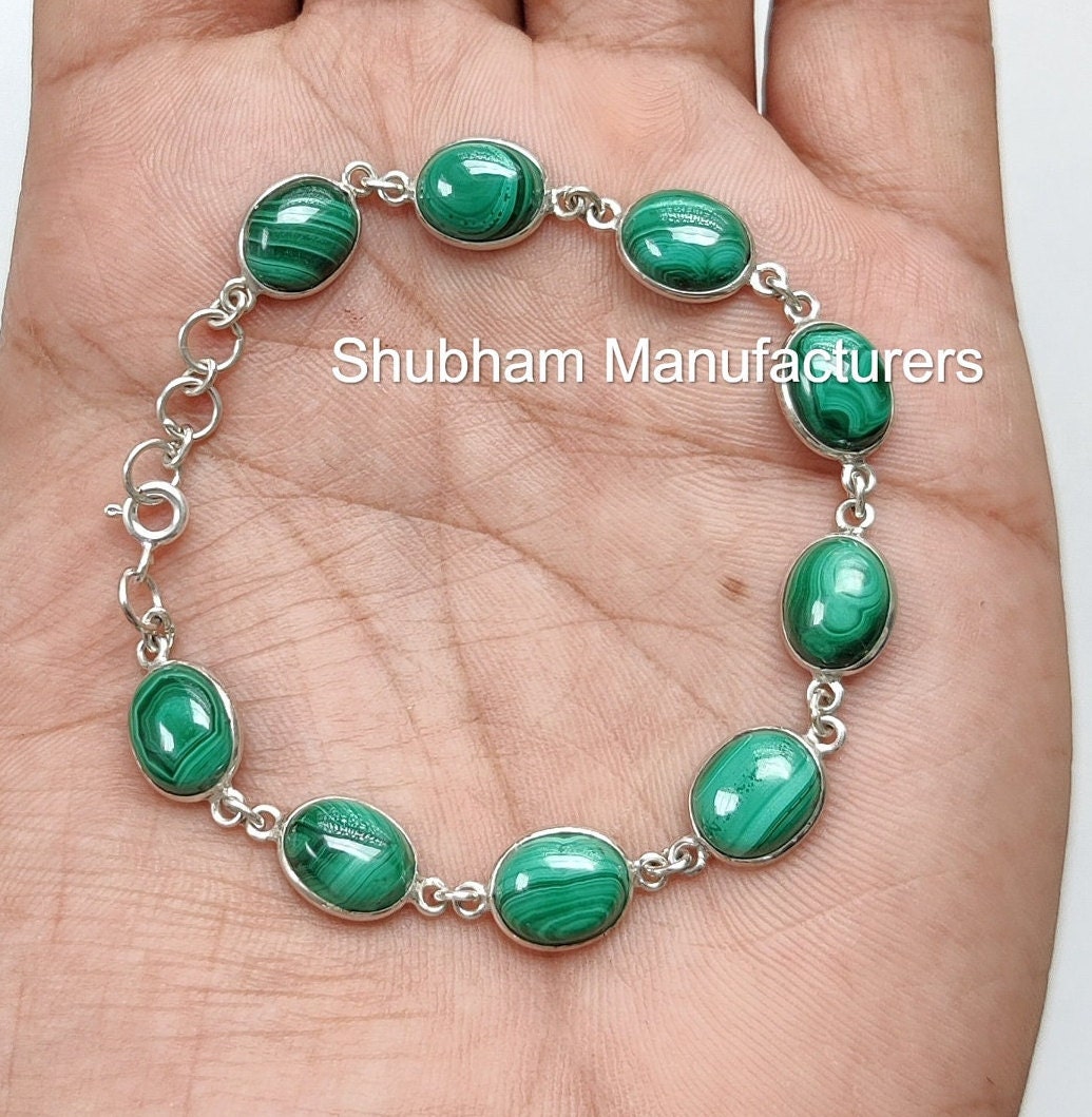 Malachite Bracelet, 925 Sterling Silver Bracelet, Natural Gemstone, Oval Shape, Handmade Adjustable Bracelet, Birthstone Jewelry for Women