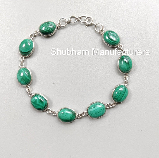 Malachite Bracelet, 925 Sterling Silver Bracelet, Natural Gemstone, Oval Shape, Handmade Adjustable Bracelet, Birthstone Jewelry for Women