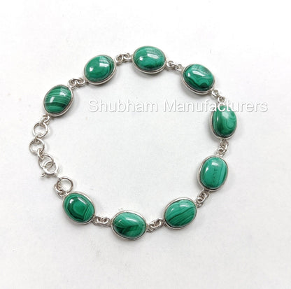 Malachite Bracelet, 925 Sterling Silver Bracelet, Natural Gemstone, Oval Shape, Handmade Adjustable Bracelet, Birthstone Jewelry for Women