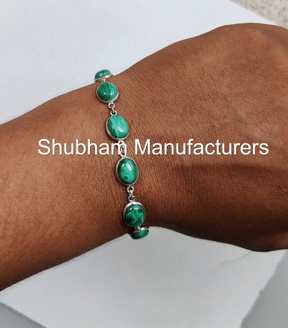 Malachite Bracelet, 925 Sterling Silver Bracelet, Natural Gemstone, Oval Shape, Handmade Adjustable Bracelet, Birthstone Jewelry for Women