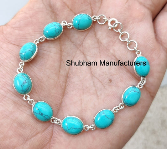 Natural Turquoise Bracelet, 925 Sterling Silver Bracelet, Blue Gemstone Jewelry, Dainty Women Bracelet, December Birthstone,Fashion Bracelet