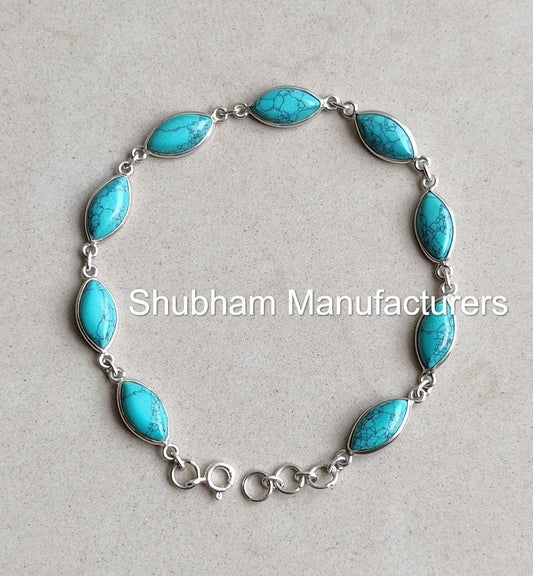 Genuine Turquoise Silver Bracelet, 925 Sterling Silver Bracelet, Gemstone Bracelet, Marquise Shape, Handmade Adjustable, For Girls & Women