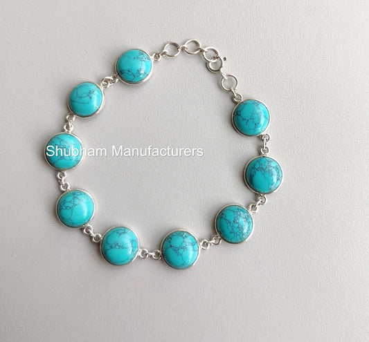 Natural Turquoise Bracelet, 925 Sterling Silver Bracelet, Round Shape, Handmade Adjustable Bracelet, Blue Gemstone Jewelry, Gift for Her