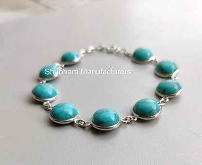 Natural Turquoise Bracelet, 925 Sterling Silver Bracelet, Round Shape, Handmade Adjustable Bracelet, Blue Gemstone Jewelry, Gift for Her