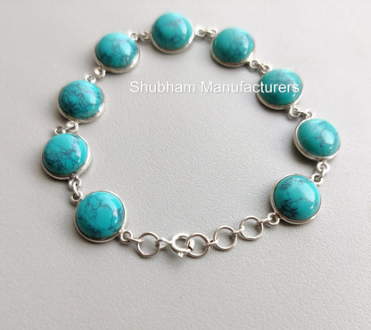 Natural Turquoise Bracelet, 925 Sterling Silver Bracelet, Round Shape, Handmade Adjustable Bracelet, Blue Gemstone Jewelry, Gift for Her