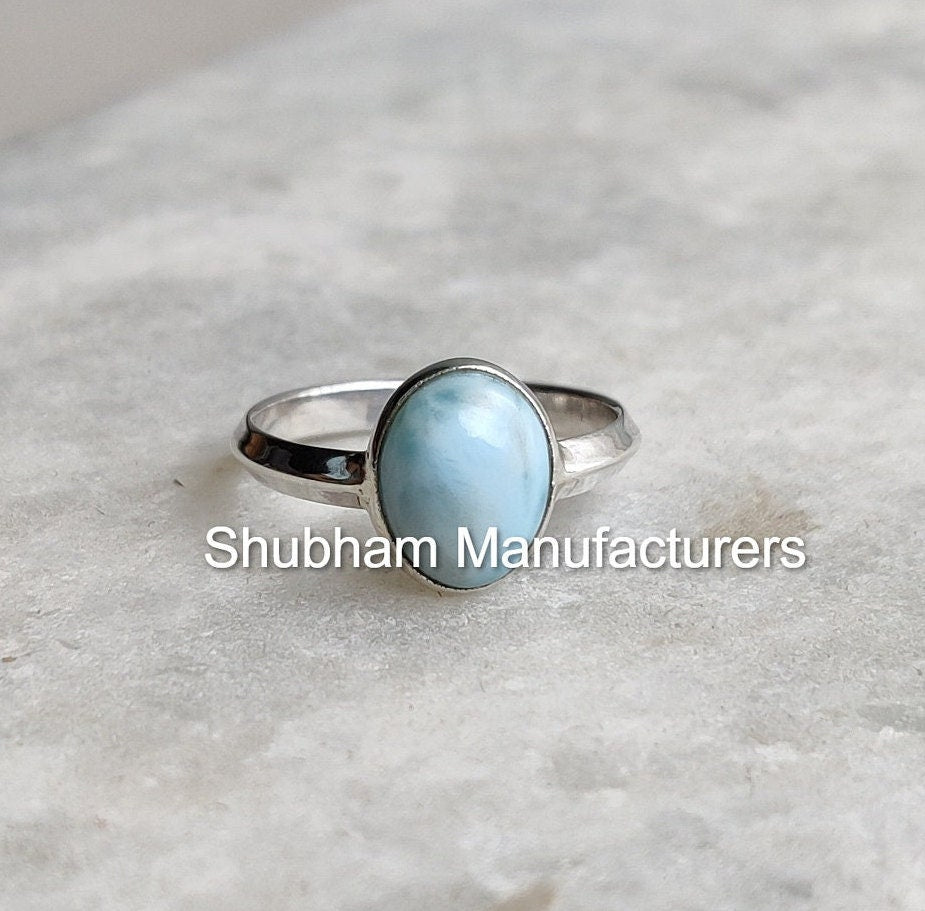 Natural Larimar Ring 925 Sterling Silver Knife Edge Band Ring, Blue Gemstone Ring, Birthstone Ring for Women, Handmade Jewelry for Her