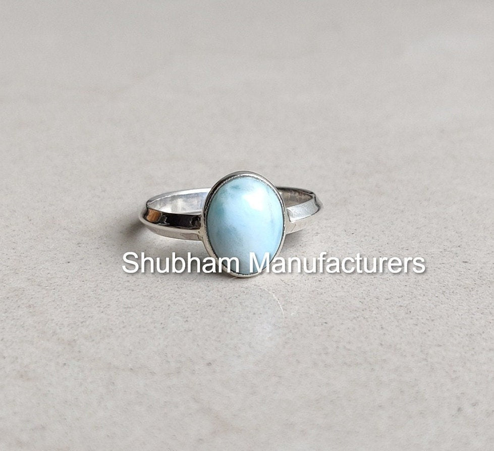 Natural Larimar Ring 925 Sterling Silver Knife Edge Band Ring, Blue Gemstone Ring, Birthstone Ring for Women, Handmade Jewelry for Her