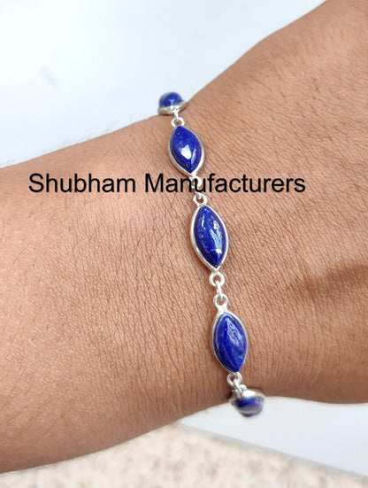 Lapis Lazuli Bracelet, 925 Sterling Silver Bracelet, Marquise Gemstone Bracelet, Blue Lapis Jewelry, Women Fine Bracelet, Handmade Bracelet