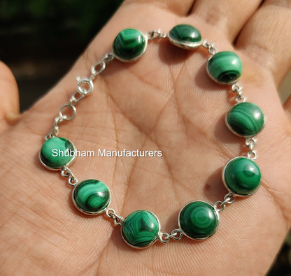 Natural Malachite Bracelet, 925 Sterling Silver Bracelet, Handmade Wedding Bracelet, Green Gemstone Adjustable Bracelet, Birthstone Jewelry