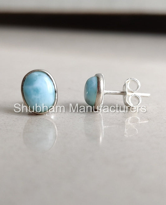 Natural Larimar Stud Earrings, 925 Sterling Silver Studs, Natural Stone, Blue Gemstone Jewelry, Simple Everyday Studs for Girls,Gift for Her