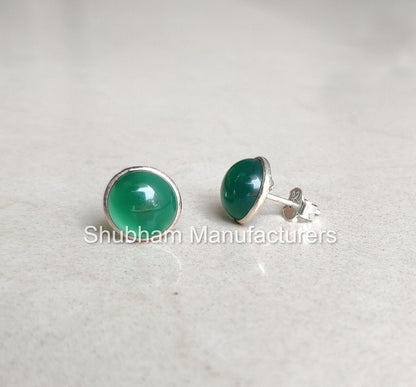 Green Onyx Stud Earrings, 925 Sterling Silver Studs, Natural Stone Studs, Birthstone Earrings, Round Cabochon Gemstone Studs,Bridesmaid Gift