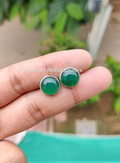 Green Onyx Stud Earrings, 925 Sterling Silver Studs, Natural Stone Studs, Birthstone Earrings, Round Cabochon Gemstone Studs,Bridesmaid Gift