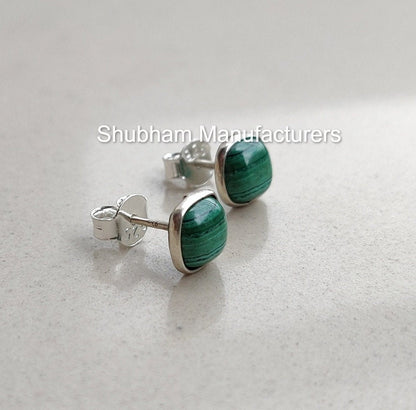 Natural Malachite Stud Earrings, 925 Sterling Silver Studs, Malachite Silver Post Earrings, Dainty Gemstone Studs, Green Stone Jewelry