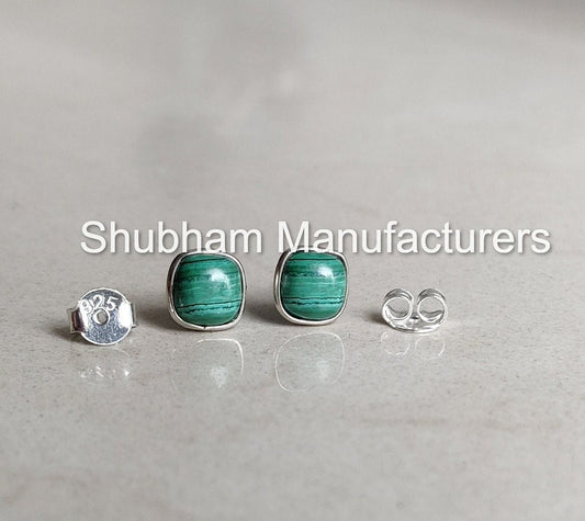 Natural Malachite Stud Earrings, 925 Sterling Silver Studs, Malachite Silver Post Earrings, Dainty Gemstone Studs, Green Stone Jewelry