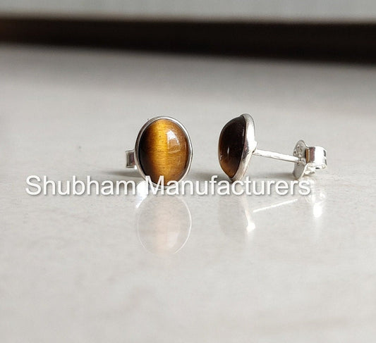 Natural Tiger Eye Stud Earrings, 925 Sterling Silver Studs, Brown Gemstone Studs, Cabochon Stone Jewelry, Dainty Studs for Girls & Women