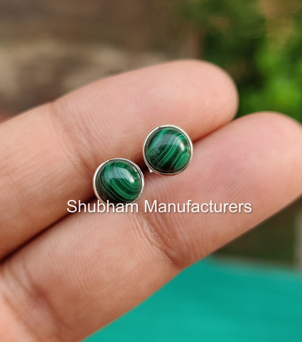 Malachite Stud Earrings, 925 Sterling Silver Studs, Semi Precious Stone Studs, Tiny Dainty Earrings for Girls And Women, Green Gemstone Stud