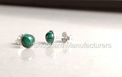 Malachite Stud Earrings, 925 Sterling Silver Studs, Semi Precious Stone Studs, Tiny Dainty Earrings for Girls And Women, Green Gemstone Stud