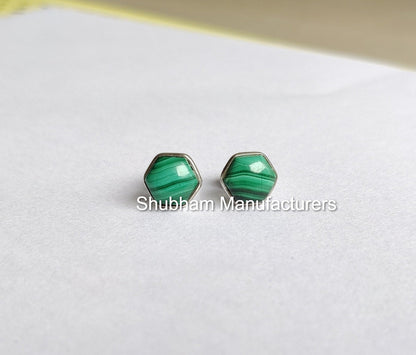 Malachite Stud Earrings, 925 Sterling Silver Studs, Malachite Jewelry, Green Gemstone Post Earrings, Natural Stone Studs, Hexagon Shape Stud