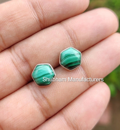 Malachite Stud Earrings, 925 Sterling Silver Studs, Malachite Jewelry, Green Gemstone Post Earrings, Natural Stone Studs, Hexagon Shape Stud