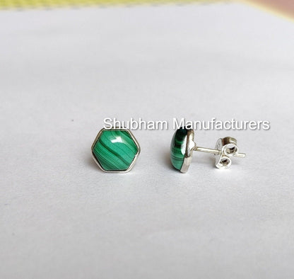 Malachite Stud Earrings, 925 Sterling Silver Studs, Malachite Jewelry, Green Gemstone Post Earrings, Natural Stone Studs, Hexagon Shape Stud