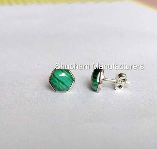 Malachite Stud Earrings, 925 Sterling Silver Studs, Malachite Jewelry, Green Gemstone Post Earrings, Natural Stone Studs, Hexagon Shape Stud