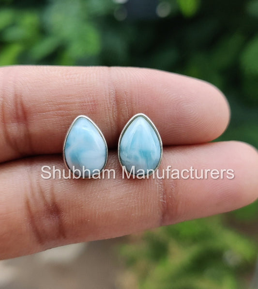 Natural Larimar Stud Earrings, 925 Sterling Silver Studs , Simple Everyday Studs, Blue Gemstone Earrings, Cabochon Stone, Teardrop Studs