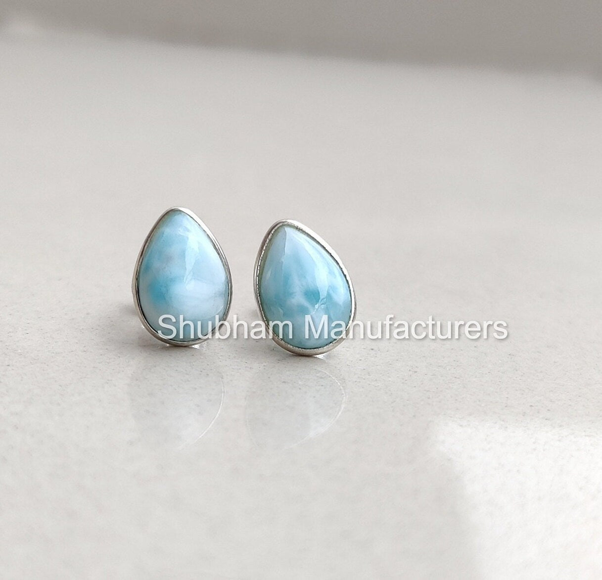 Natural Larimar Stud Earrings, 925 Sterling Silver Studs , Simple Everyday Studs, Blue Gemstone Earrings, Cabochon Stone, Teardrop Studs