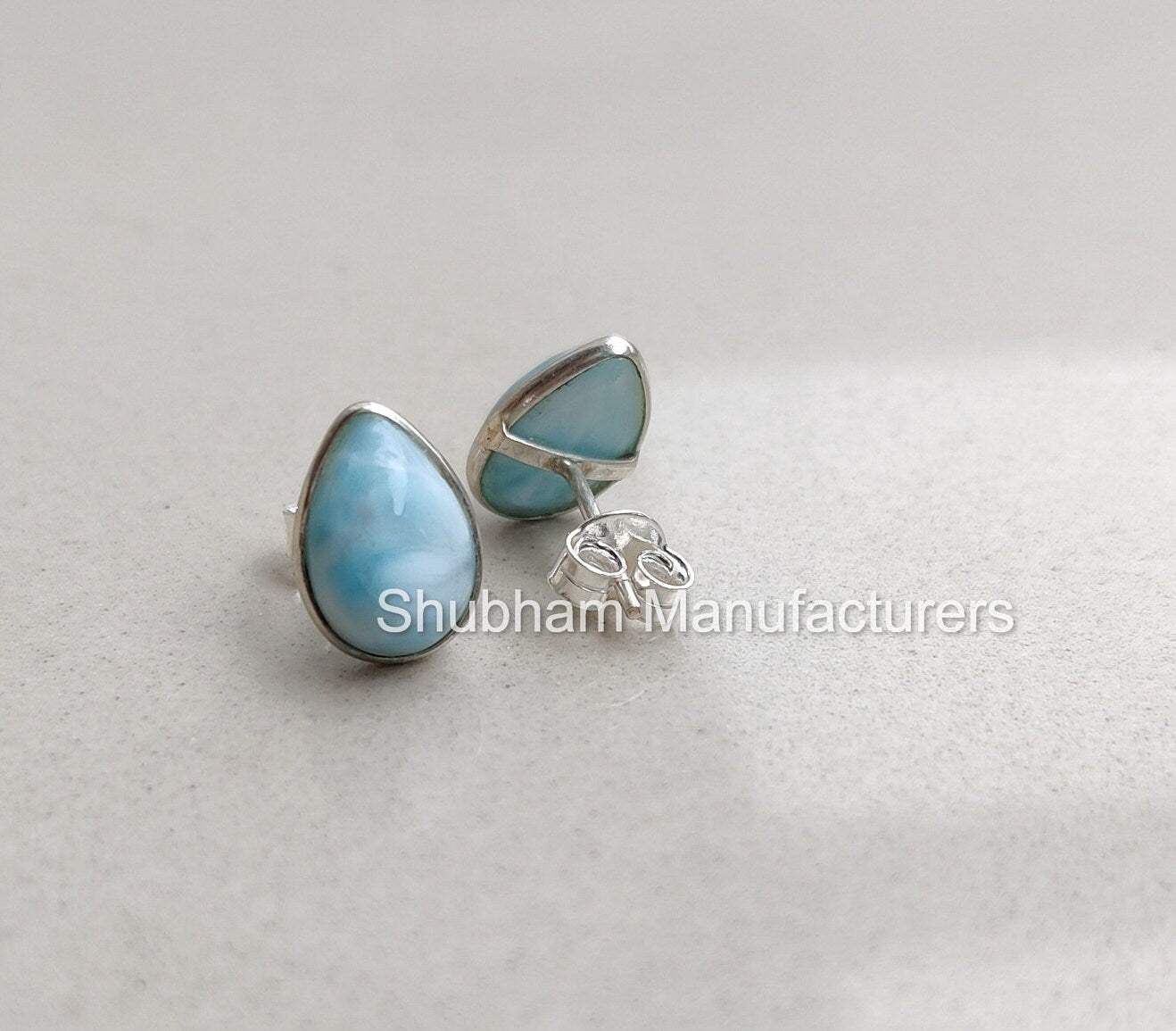 Natural Larimar Stud Earrings, 925 Sterling Silver Studs , Simple Everyday Studs, Blue Gemstone Earrings, Cabochon Stone, Teardrop Studs